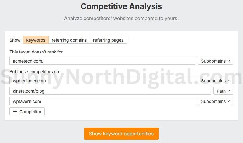 Ahrefs Content Gap tool interface showing acmetech.com entered in the 'Target' field and competitor domains like wpbeginner.com entered below.