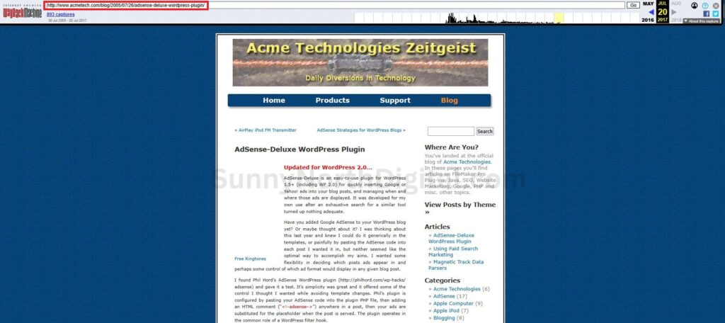 Wayback Machine screenshot of acmetech.com from 2006, showing the page title ‘AdSense-Deluxe WordPress Plugin’.