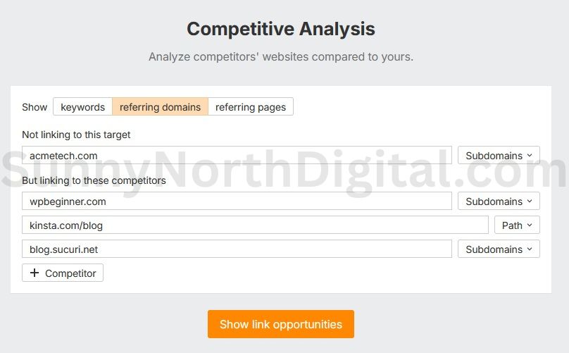 Ahrefs Link Intersect tool setup, with acmetech.com in the bottom field and wpbeginner.com, kinsta.com, and sucuri.net in the top fields.