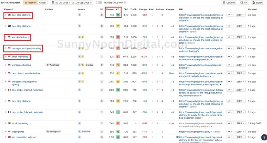 Ahrefs Organic Keywords report for WPBeginner displaying top rankings for high search volume keywords like 'best blog platform', 'website builders', 'email marketing'.