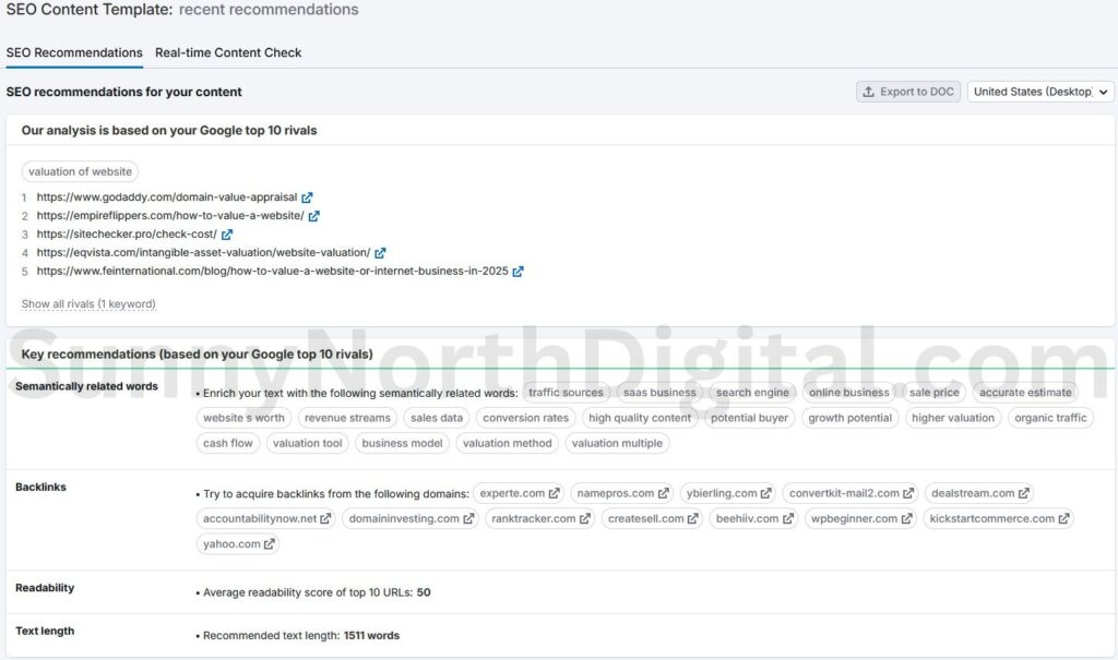 Semrush SEO Content Template output showing the list of semantic keywords (SDE, valuation multiple, cash flow) and the required text length (1,511 words).