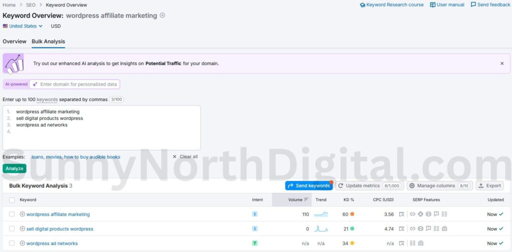 Semrush Bulk Keyword Analysis showing search volume and keyword difficulty for 'wordpress affiliate marketing', 'sell digital products wordpress', and 'wordpress ad networks'.