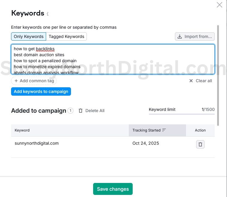 Semrush Position Tracking setup screen showing a list of target keywords being added to the campaign.