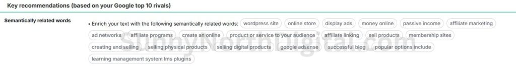 A list of semantically related keywords from the Semrush SEO Content Template, including "affiliate marketing," "sell digital products," "google adsense," and "membership sites."