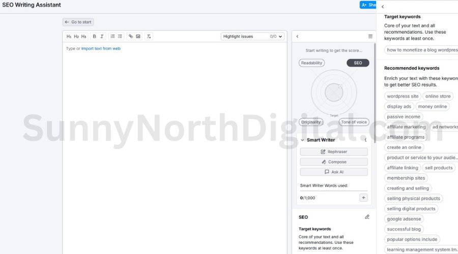 The Semrush SEO Writing Assistant interface, showing a content score and a checklist of recommended keywords.